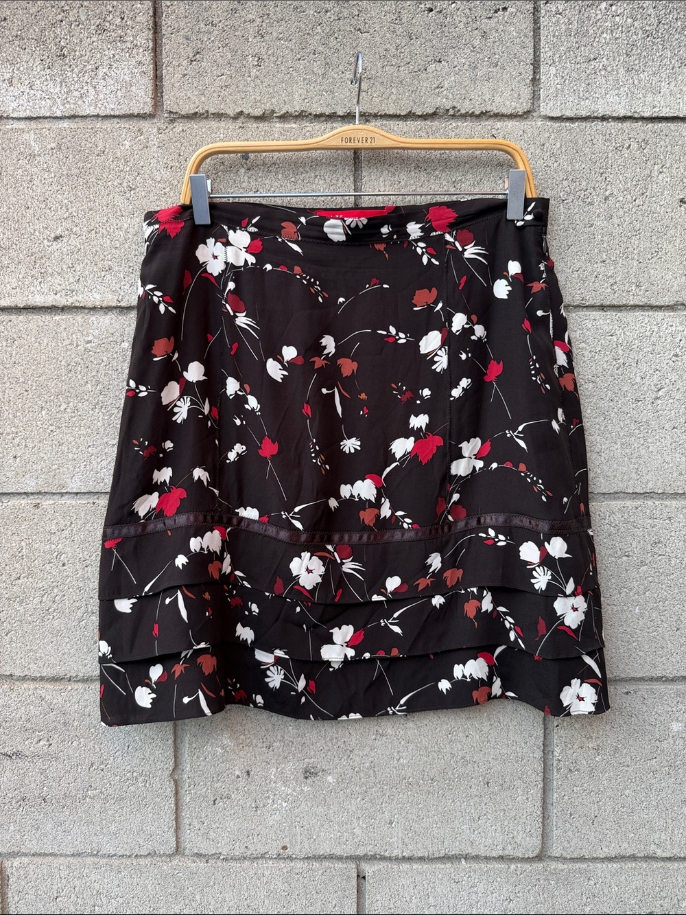 Floral Tiered Mini Skirt - Black with Red & White Flowers